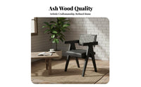 Upholstered Armchair with Cane Flanks Artisanal Rattan Mesh V-Leg Woven Armchair Sturdy Wood Construction Natural Design