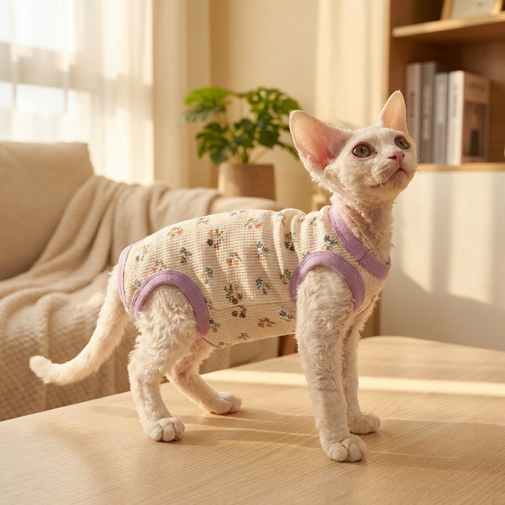 Hairless Cat Clothes in Polyester Fiber, Lightweight Pet Vest with Floral Print, Anti-cold Vest Shirts for Kitten Summer Wear and Rex Breeds