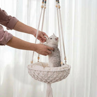 Cat Hammock Hanging Cat Chair with Cushion, Handmade Woven Macrame Basket Pet Cat Bed, Indoor Decor Fringe Suitable for Birman Cats
