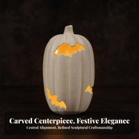 Flat White Pumpkin with Nocturnal Mammal | Compact 15cm Height, Light-up Pumpkin, for Table