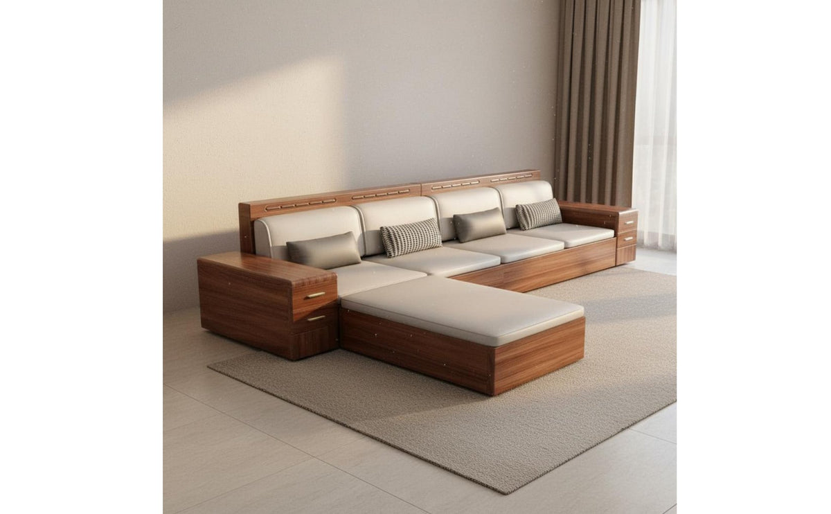 Walnut Wood Storage Sectional Two-Season-Season Use L-Shaped Wooden Sofa Water Resistant Material Chinese Design Sofa Set for Living Room