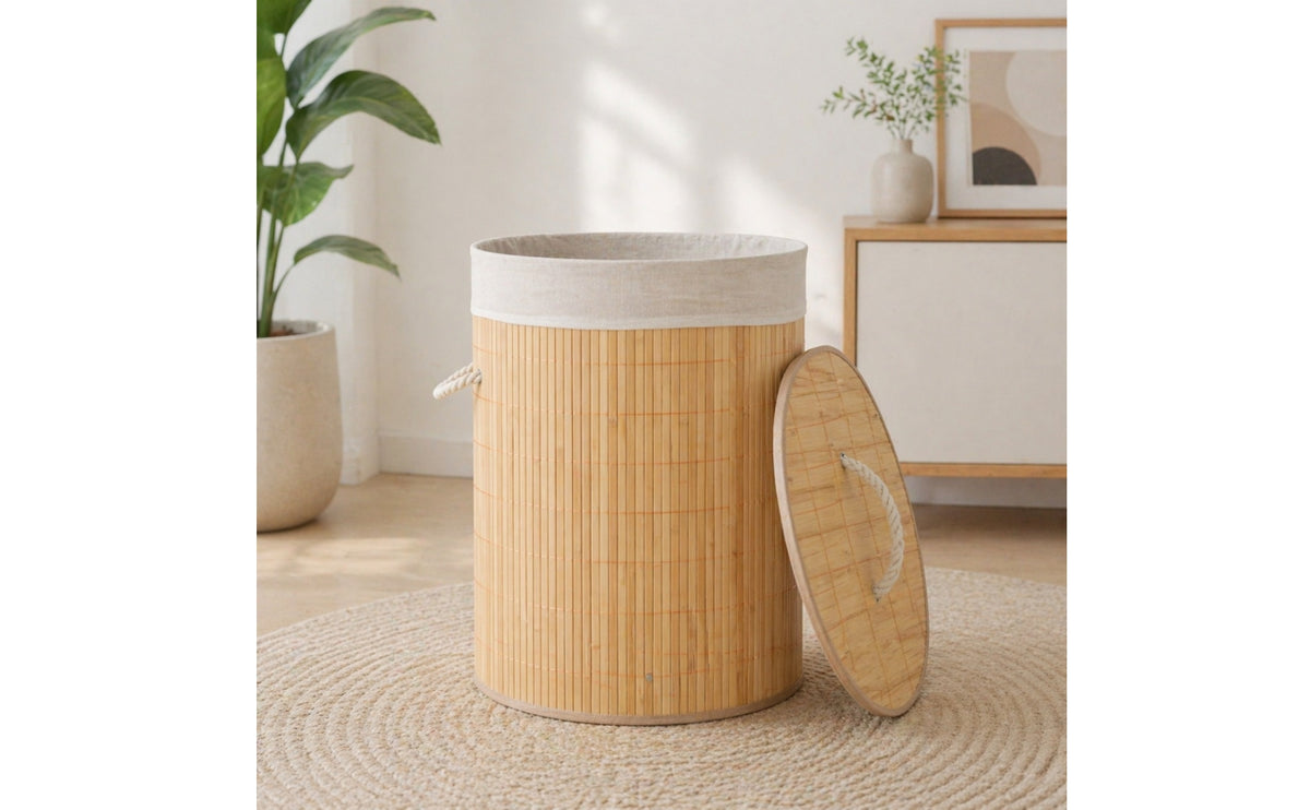 Lidded Bamboo Laundry Basket with Lid Easy to Carry Laundry Basket with Lid Freestanding Sturdy for Bathroom, Bedroom