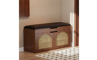 Padded Storage Bench with Rattan Doors Cushioned Entryway Bench with Cushion Sturdy Long-Lasting for Foyer