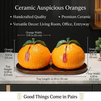 Living Room Decor Hand Painted Ceramic Orange Figurines for Good Fortune, Chinese Style Fruit Ornament Pair for Housewarming Gift
