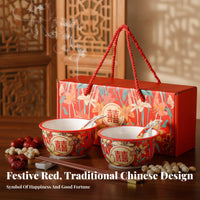 Ceramic Double Happiness Bowl Set, Red Tableware, Wedding Gift, Chopsticks & Spoon