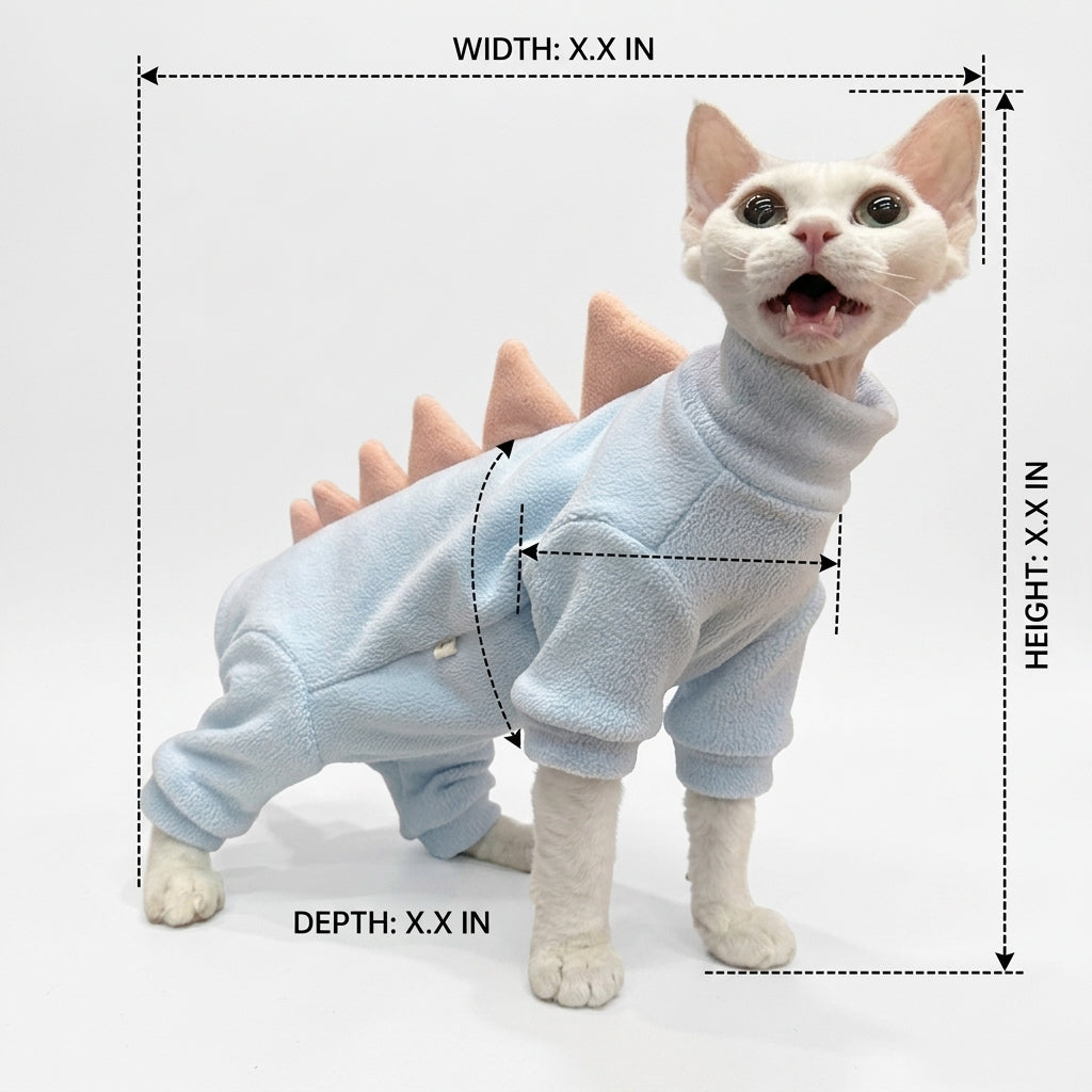 Dinosaur Cat Jumpsuit with Spikes, Four-Legged Cat Outfit in Particle Fleece, Warm Jumpers for Hairless Pets Autumn and Winter Wear Turtleneck
