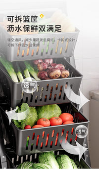 厨房置物架落地多层菜篮子家用小推车零食收纳筐果蔬菜架子储物架 黑色3层3篮 ⭐可当小推车
