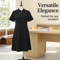 Plus Size Midi Dress with Frog Buttons and Three Quarter Sleeves for Office Wear, Stretch Blend in Flared Silhouette, Fit up to 8XL
