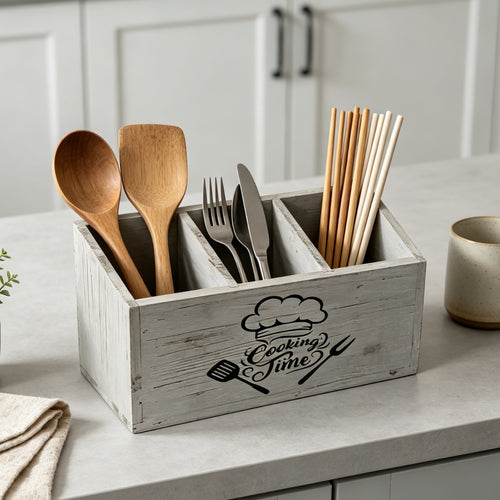 Wooden Utensil Box Solid Wood Divided Kitchen Organizer Silverware Storage Case