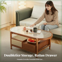 two-level Oval Glass and Rattan Stand Nordic Design Coffee Table Minimalist and design Rounded Edges for Apartment Dwellers