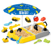 Kids Waterfall Play Table with Umbrella and Sand Basin, Indoor Outdoor Toy
