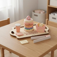 Interactive Play Pretend Quick-Service Meals Set Improves Hand-Eye Coordination Wooden Burger Playset Educational Stacking Hamburger Toy Pastel Colors for Girls, Toddlers, Kids, Playroom, Home
