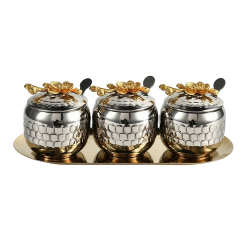 3 Pieces Condiment Jars with Tray Stainless Steel for Kitchen Countertop