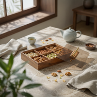 Walnut Lid Snack container Dustproof Divided Snack Tray Gift Choice Glass Lid Organizer for Coffee Table, Living Room