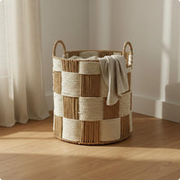 Woven Laundry Hamper Handwoven Round Blanket Basket Sturdy Handles Checkered Storage Bin for Living Room