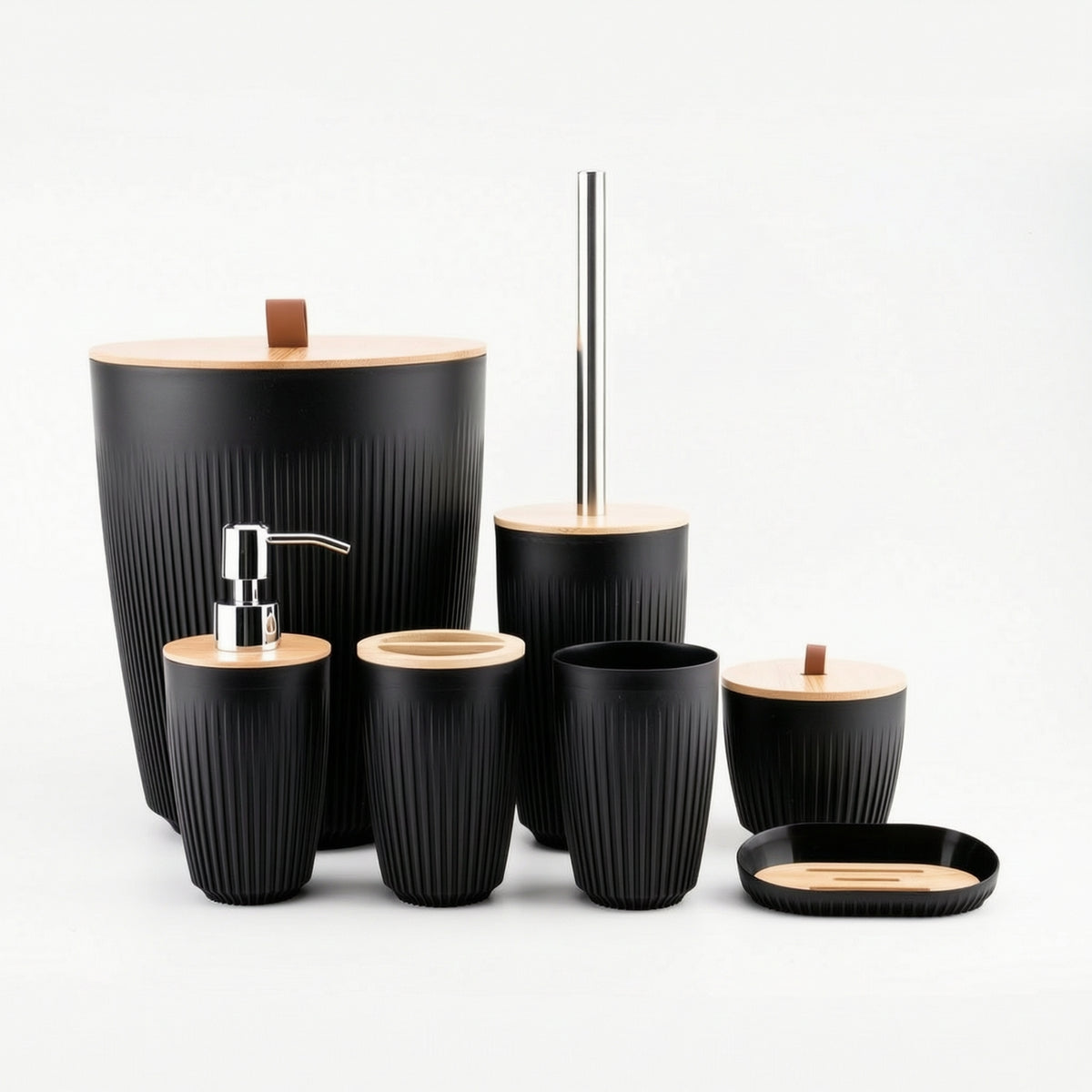 7 Pieces Bathroom Organizer Set Featuring Lidded Canister Dispenser Bottle Toothbrush Cup Countertop Organizer Durable Fluted Plastic and Bamboo-look Tops Suitable for Family Hotel Guest Room