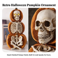 Spooky Skeleton Pumpkin Statue | Distressed Vintage Look, Halloween Tabletop Ornament with Light-up Eyes, Compact Freestanding Design, for Entryway