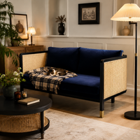 Sofa, Wooden, Rattan Sofa, 3-Seater, New Chinese Style, Washable Cover, Width 190cm
