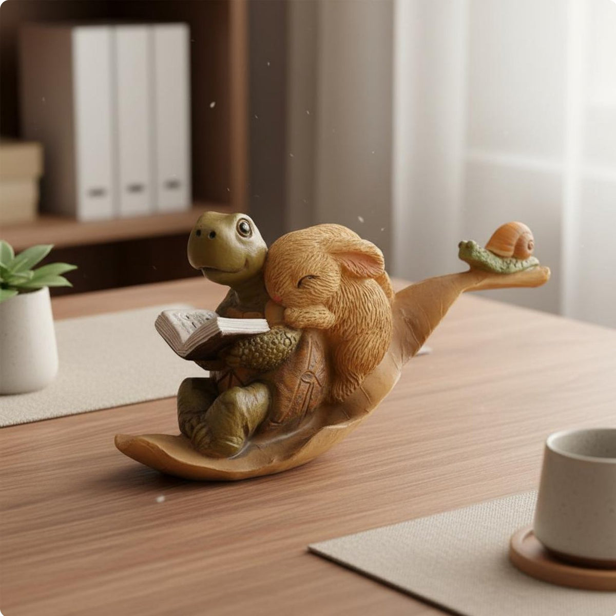 Turtle and Rabbit Reading Figurine Cute Design Resin Creature Sculpture