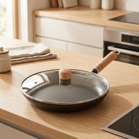 Frying Pan and Pancake Pan with Glass Lid, Heavy Duty Cast Iron Skillet with Wood Handle, Versatile Griddle Pan and Grill Pan, Egg Frying Pan