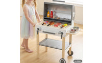 Wooden Play Grill Cart Rolling Kids Grill Playset Compact Pretend Play Barbecue for Young Children