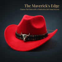 Cowboy Hat for Women with Bull Head Accessory and Belt Band, Polyester Felt Cowgirl Style with Sun Protection, Western Bride Bell Crown Design
