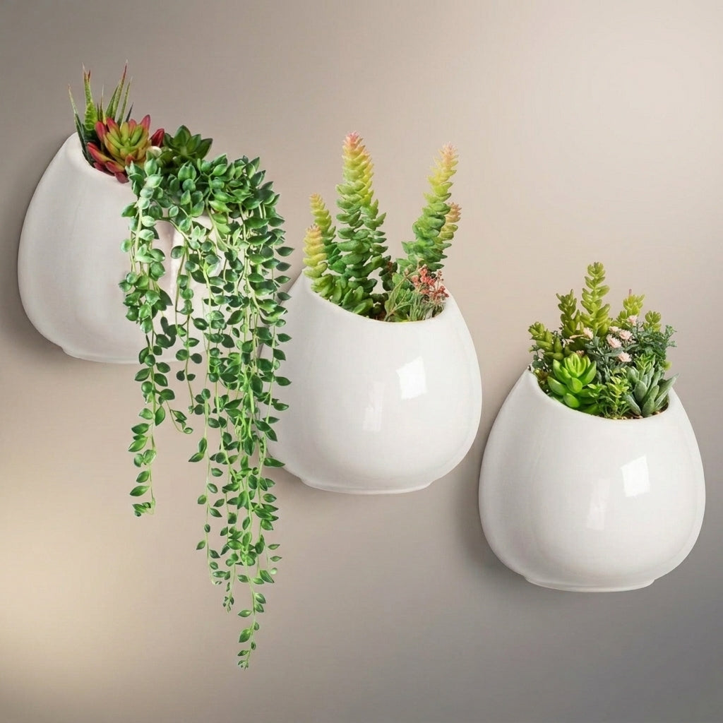 Garden Decor Ceramic Wall Planter for Home Office, Set of 3 Indoor Plant Pot Wall Hanging, Water Saving Hanging Planter, Office Decor Pieces