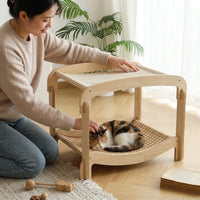 Cat Hammock Bed Multi-Level Wood Stand with Woven Rattan Sleeping Nest, Hammock Indoor Cooling Mat for Cats, Sturdy Resting Play Area