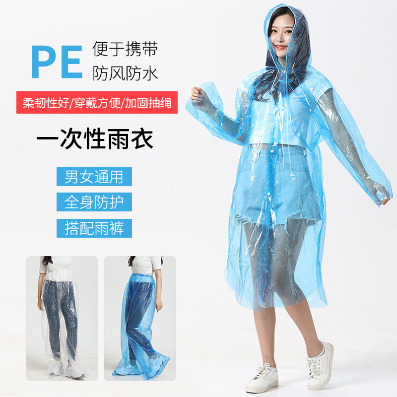 Disposable Adult PE Long Transparent One-Piece Rain Poncho for Southeast Asia Export, Scenic Area and Rafting