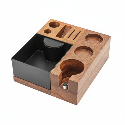Coffee Machine Stand Wooden Espresso Station Tamper Holder Organizer Versatile Knock Box for Portafilter Distributor Brush Storage Suitable for Kitchen Home Coffee Shop