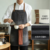 跨境水洗牛仔布围裙挂脖带韩版时尚咖啡厅工作服复古围裙定制logo