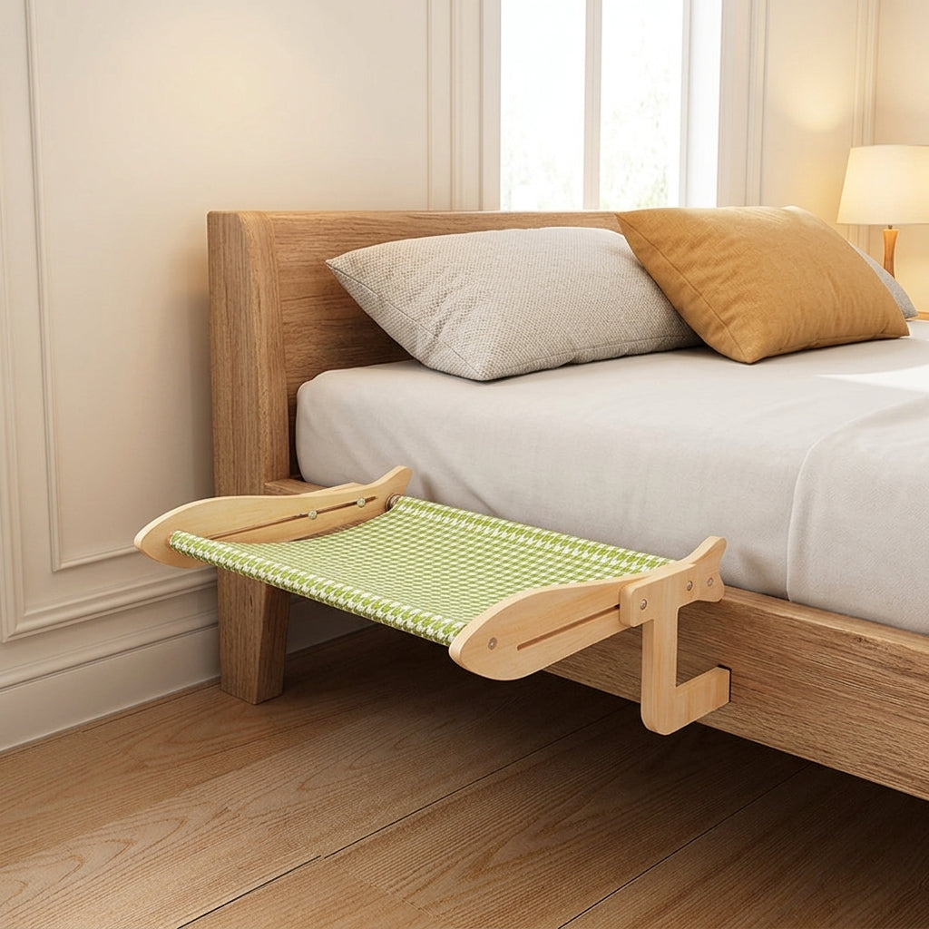 Hanging Cat Bed and Window Cat Bed, Foldable Woven Mat Balcony Cat Bed Hammock, Space Saving Wood Frame Perch for Indoor Cats and Balcony Patio