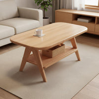 Elliptical Coffee Table Solid Wood Storage Drawers Oval Shape V-shaped Legs Space-saving Suitable for Families Living Room