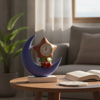 Table Clock with Figurine Whimsical Tabletop Clock Decorative Ornament Celestial Crescent Moon Statue Analog for Desk