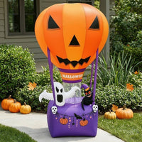 Outdoor Jack-O'-Lantern Balloon with Basket Lighted Pumpkin Inflatable with Ghost Illuminated Inflatable Hot Air Balloon Inflate for Homeowners, Party Hosts, Yard, Garden