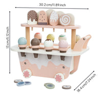 Ice Cream Cart with Make-Believe Snacks Wooden Ice Cream Cart with Handle Pastel Pretend Play Store for Young Children