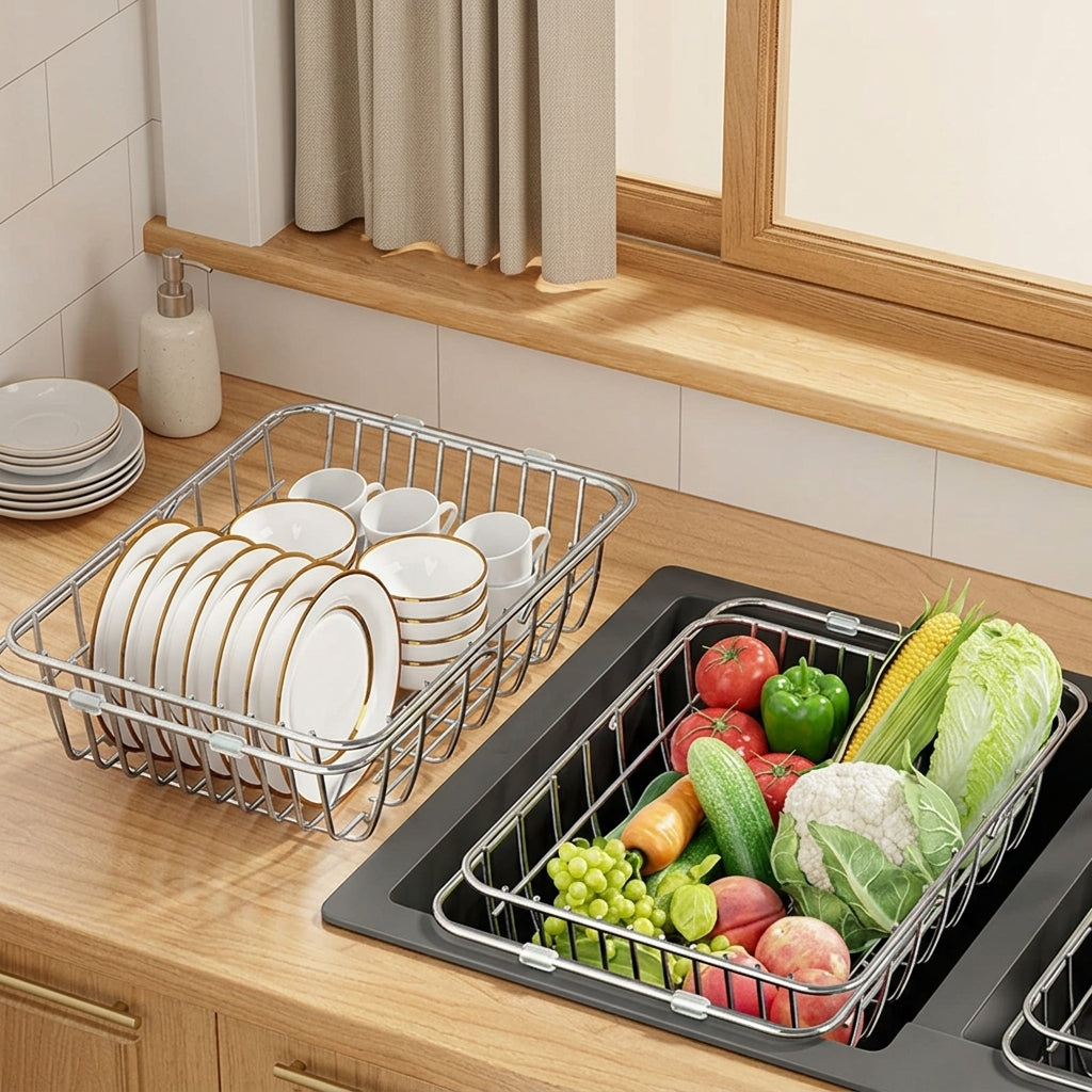 Kitchen Sink Colander Stainless Steel Colander with Square Holes, Expandable Dish Draining Basket and Vegetable Washing Basin, Modern Kitchen
