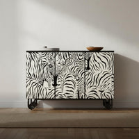 Zebra Print Cabinet Multifunctional Hand-Painted Buffet Cabinet Adjustable Shelves Accent Storage Cupboard for Living Room