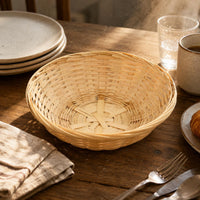 Round Bamboo Basket Low-Sided Bamboo Woven Basket Wide opening Storage Item for Tabletop