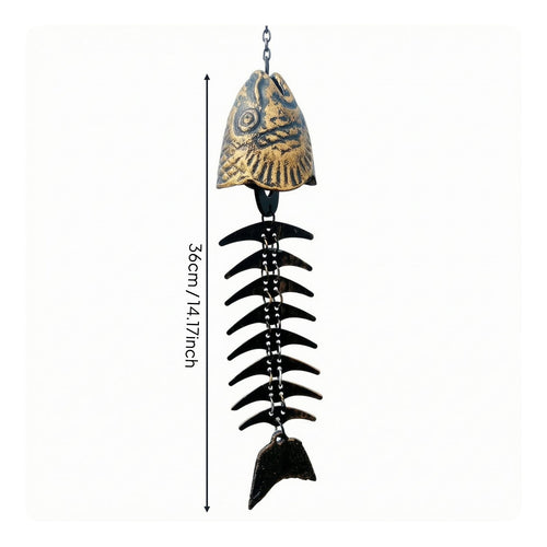 Fishbone Wind Chime Textured Metal Bronze Fish Ornament Vintage Look