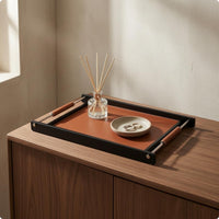 Rectangular Tray Coffee-Colored Leather Tray Black Frame