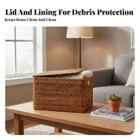 Rectangular Woven Basket with Lid Pastoral design for Coffee Table, Living Room