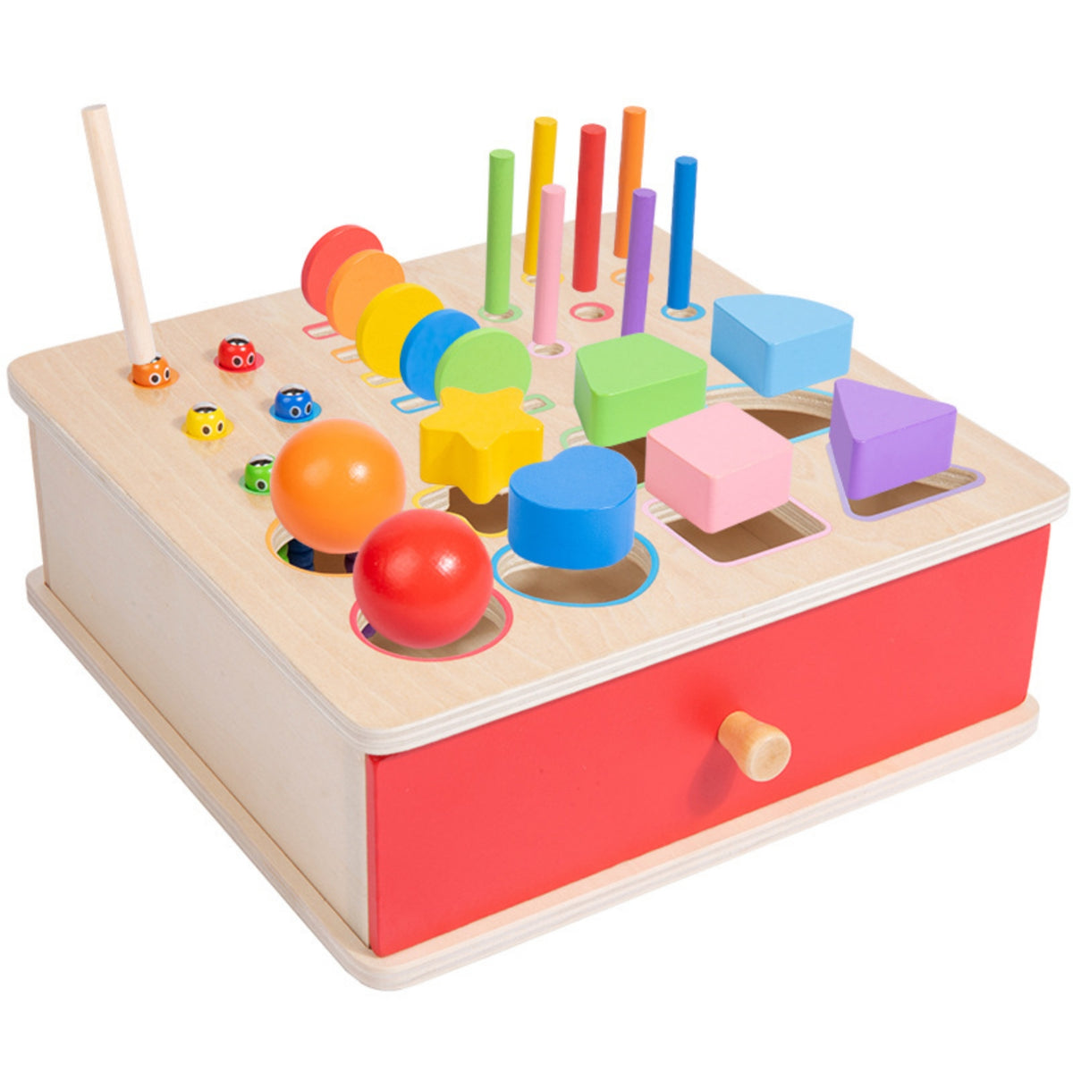 Educational Wooden Sorting Box with Drawer Bright Montessori Toy with Wand Solid-Wood Shape Sorter with Drawer for Quiet Learning Time