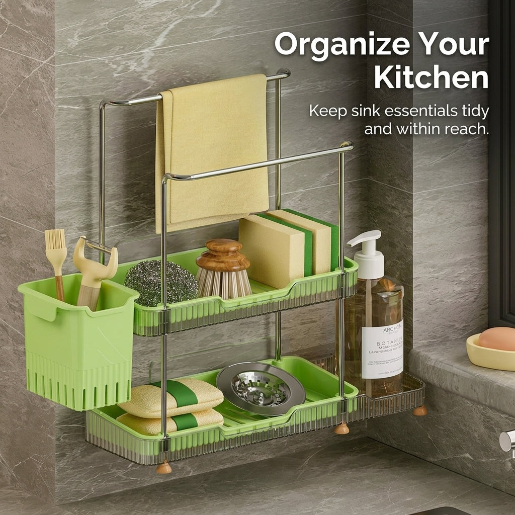 Bathroom Sink and Organizer for Kitchen with Drain Basket, Wall Mounted Double Layer Sponge Holder for Home Cooks, Under Organization