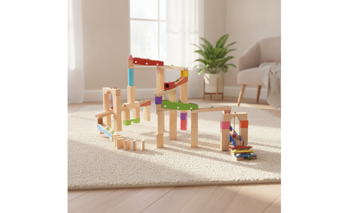 100 Pieces Wooden Marble Run Colorful Marble Run with Blocks Educational Construction Set for Kids, Classroom