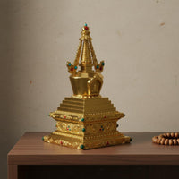 Tibetan Buddhist Stupa Alloy Construction Golden Pagoda Statue Jewel Inlaid