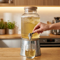 Glass Jar Water Dispenser with Wood Stand, Rectangular Juice Dispenser with Wooden Top, Drink Dispenser for Iced Tea and Home Party Supplies