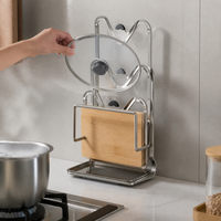 Stainless Steel Wall-Mounted Pot Lid Holder with Chopping Board Rack, Punch-Free Kitchen Organizer