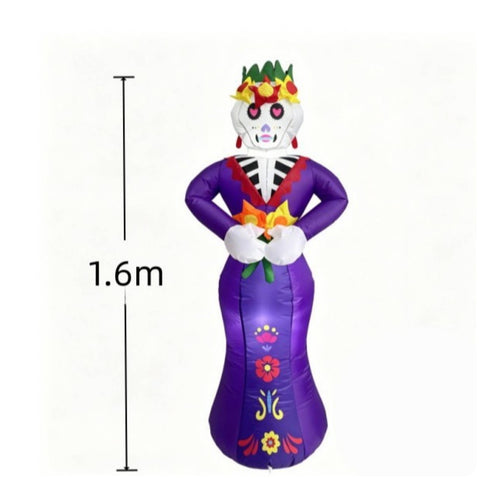 Skeleton with Floral Headwear Outdoor Inflatable Skeletal Woman Halloween Inflatable Skeleton Light Weight for Day of the Dead