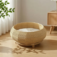 woven Cat Basket Bed with Cushion Round Cat Bed with Wooden Base Breathable for Kittens, Bedroom